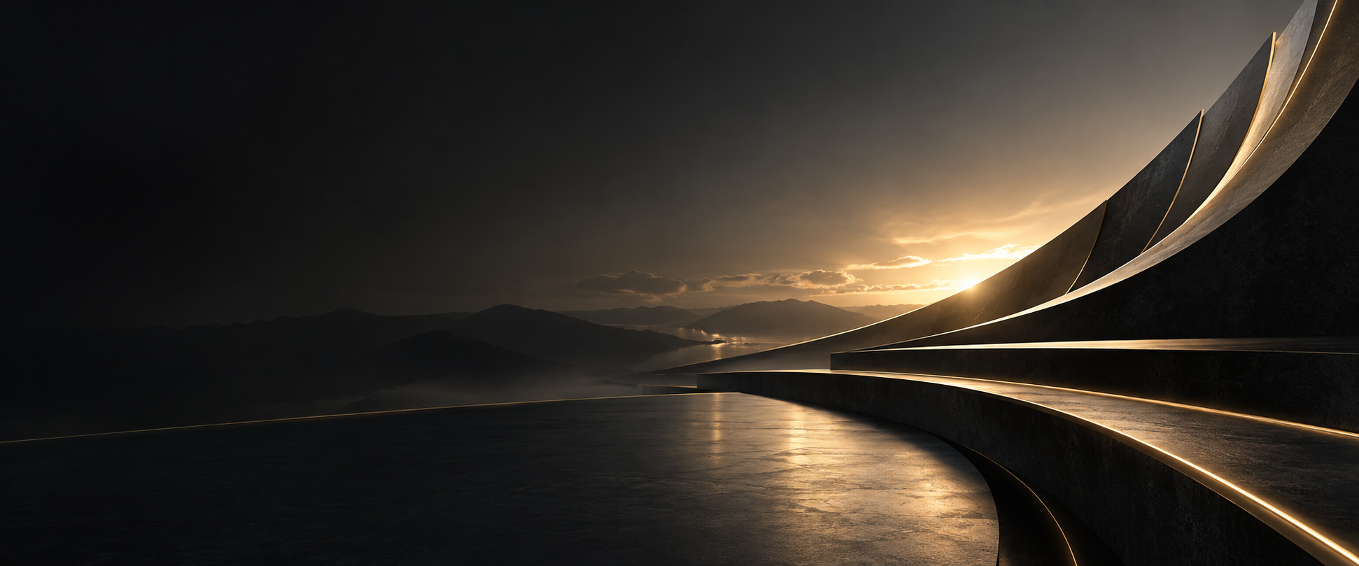 Abstract gold-lit rising architectural forms